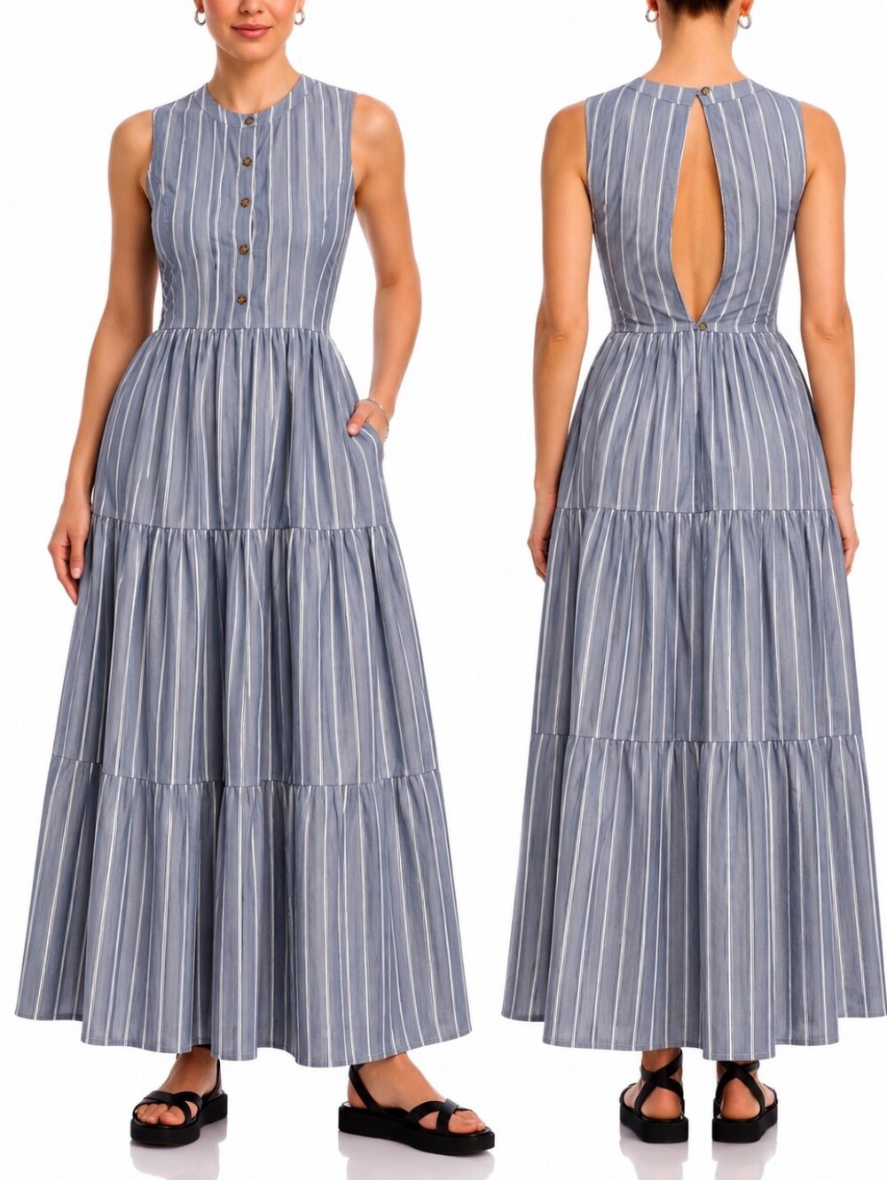 CIAO LUCIA Cool Gray Striped Sleeveless OpenBack Cotton Classic Chic Midi Dress